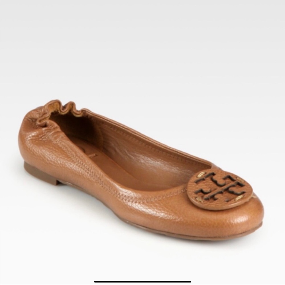 Tory Burch Reva Minnie Travel Ballet Flat Pebble Leather Cognac Tan 9.5